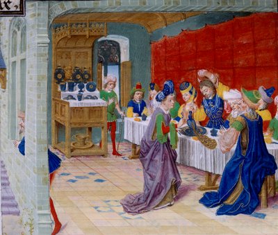 Na cena da refeição, um pavão é servido sobre a mesa. Miniatura tirada de "La Vraye Histoire du Bon Roy Alixandre" de Callisthenes, ou Kallisthenes (c. 360-328 BC) de Unknown artist
