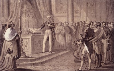 Ferdinand I de Bourbon ou Ferdinand IV (1751 - 1825), Rei de Nápoles, inaugurou a constituição de 1820 - em “” Storia d&39;Italia ”” de Unknown artist