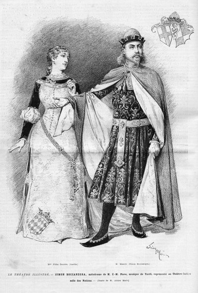 Fides Devries no papel de Amélia e Victor Maurel (1848 -1923) no de Simon Boccanegra na ópera epônimo em três atos de Giuseppe Verdi, um libreto de Francesco Maria Piave depois de uma peça de Antonio Garcia Gutierrez, representante no Itali de Unknown artist