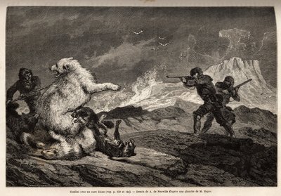 Lute com um urso polar protegendo seu bebê, a matilha de cães a ataca e os caçadores, armas de fuzil, espere pelo momento certo para atirar nela. Gravura para ilustrar a viagem ao mar livre do pólo Ártico, pelo Dr. Hayes, cirurgião do de Unknown artist