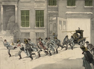 Os bombeiros partem chamadas de emergência no local do incêndio, aguarela de 1895. EUA de Unknown artist