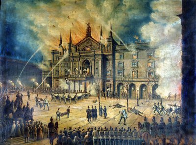 Incêndio do Teatro de Toques Wiener da Ópera de Viena em 1881. Desenho do século XIX de Unknown artist