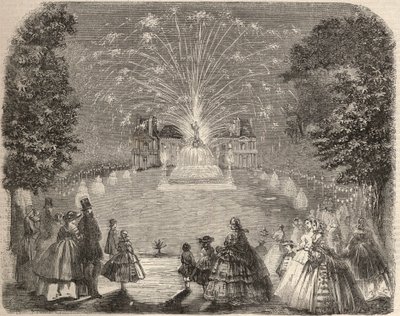 Fogo de artifício e iluminação do castelo de Maison Laffitte (House-Laffitte) na noite do concurso do comité agrícola. Gravura em "Le Monde illustrious" de 1857. Colecção privada. de Unknown artist
