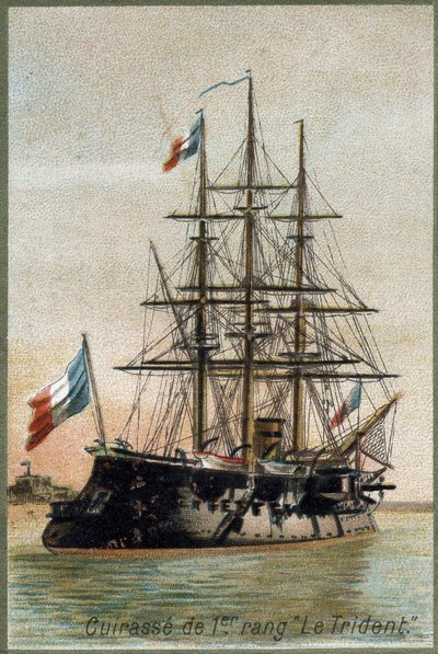 Primeiro navio de guerra "The Trident". Por volta de 1890. A cromolitografia do século XIX. de Unknown artist