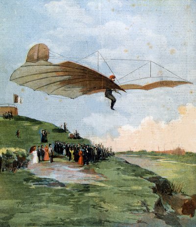 Primeiro teste de planeio de Otto Lilienthal (1848-1896), um engenheiro alemão, na sua aeronave em 1894 de Unknown artist