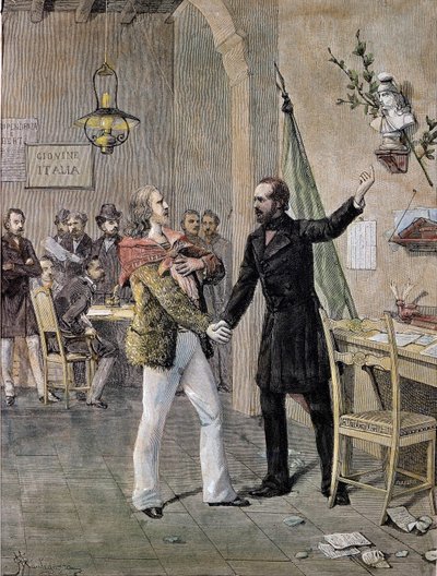 Primeiro encontro entre Giuseppe Garibaldi e Giuseppe Mazzini em Marselha, em 1833 (gravura) de Unknown artist
