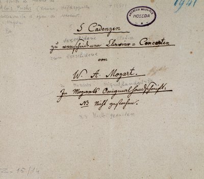 Primeira página de um manuscrito de 5 cadências para piano de Mozart (manuscrito de Unknown artist