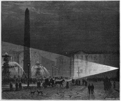 Primeira experiência pública de iluminação elétrica feita em Paris na Place de la Concorde por Deleuil e Leon Foucault no me de dezembro de 1844. em "La Nature". Revisão das ciências e suas aplicações para as artes e a indústria". de Unknown artist