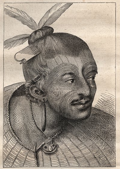 Primeira viagem (1768-1771) do Capitão James Cook (1728-1779): cabeça tatuada de um Neo-Zelandês (Neo Zelandais) - ilustração tirada de "Os Grandes Marinheiros do Século XVIII". de Unknown artist