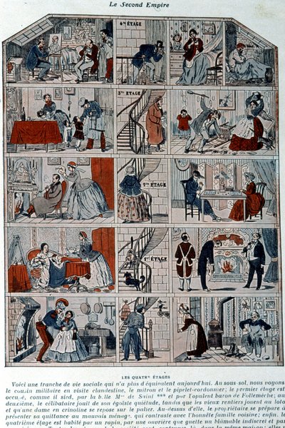 Cinco andares mostrando as diferentes classes sociais sob o segundo império. Ilustração representada como uma secção transversal de um edifício parisiense. de Unknown artist