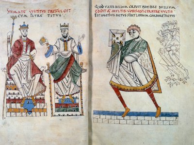 Flavius Josephe (originalmente Yossef ben Matityahu, historiador judeu de língua grega (37-100) oferecendo o seu livro aos imperadores Tito e Vespasiano. Miniatura tirada de "De Bello Judaico (Guerra dos Judeus)" (fólio 2 e 3) de Unknown artist