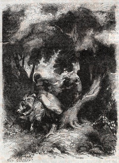 Vôo de Angélica (Angelica) durante a batalha - gravura de 1851 de "Furious Roland" (Orlando furioso) (século XVI) de Ludovico Ariosto, conhecido como Ariosta - Edição traduzida do italiano pelo Conde de Tressan e publicada por Gustave Harva de Unknown artist