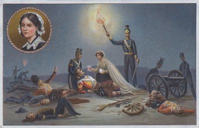 Florence Nightingale a ajudar os feridos e os moribundos no campo de batalha durante a Guerra da Crimeia de Unknown artist