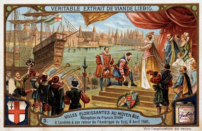 Cidades floridas da Idade Média: recepção de Francis Drake (1542-1596) em Londres (Inglaterra), no seu regresso da América do Sul, 4 de Abril de Unknown artist