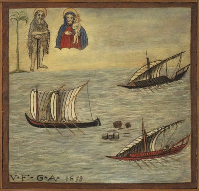 Ex-voto (ex voto) marinheiro, oferta popular como penhor de devoção e gratidão do marinheiro sobrevivente aos perigos do mar vindos da Igreja de Carmine, Torre del Greco, perto de Nápoles 1638 Itália de Unknown artist