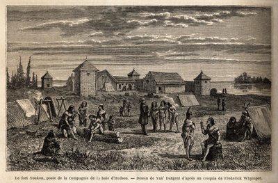 Fort Youkon, no Golfo de Norton, Alasca, fundou em 1847, um estabelecimento da Companhia Hudson Bay, índios acampados em torno das paliçadas. Gravura para ilustrar a viagem e as aventuras na Colômbia inglesa, Ilha de Vancouver e Alasca, por Frederick de Unknown artist