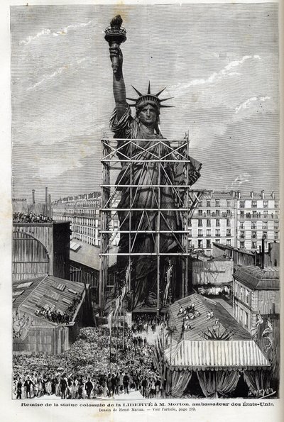 França, Paris, Entrega da Estátua da Liberdade ao embaixador dos Estados Unidos - Embalagem da estátua da Liberdade feita por Frederic Auguste Bartholdi (1834-1904) no andaime para transportá-la de Paris para a América de Unknown artist