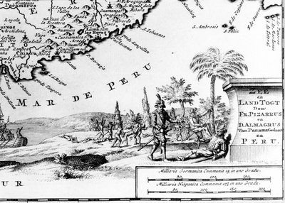 Francisco Pizarro (em fr. François Pizarre) representado em um mapa do Peru. Século XVII. de Unknown artist