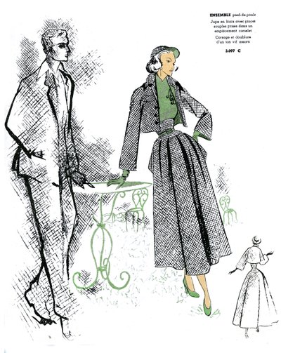 Moda francesa, design para um conjunto houndstooth. de Unknown artist