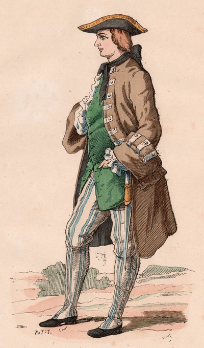 Cavalheiro francês em traje de caça, vestindo casaco, colete e chapéu tricorn com um punhal no seu lado durante o século XVIII (gravura a cores) de Unknown