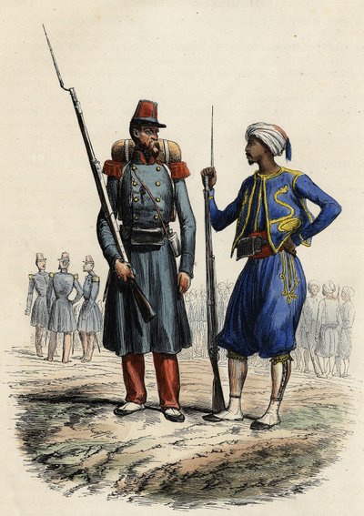Uniforme militar francês: À esquerda, uma legião estrangeira formou-se e foi enviada para a Argélia em 1831. À direita, cavaleiros indígenas, treinados e enviados para a Argélia em 1841. Em L