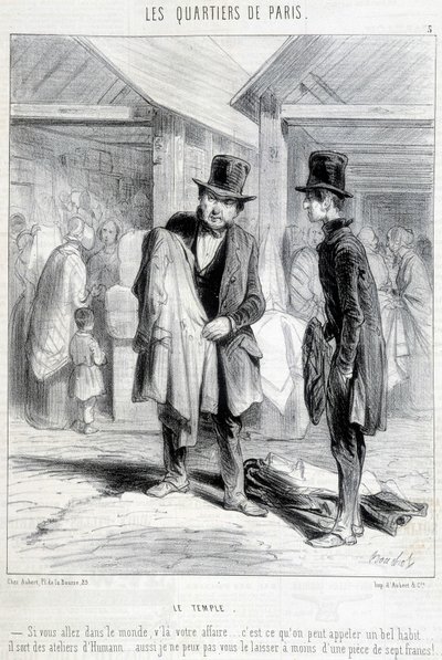 Fripier do bairro do templo em Paris a tentar vender roupa a um homem. Gravura do século XIX. de Unknown artist