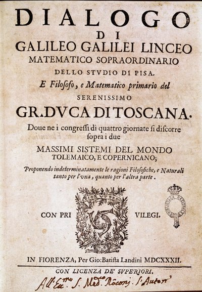 Frontispício do "Diálogo sobre os Dois Grandes Sistemas do Mundo" (dialogo sopra i due massimi sistemi del mondo) encomendado pelo Papa Urbano VIII ao astrônomo e físico Galileu Galilei dit Galilee (1564-1642) por volta de 1620 e publicado em 1632. É de Unknown artist