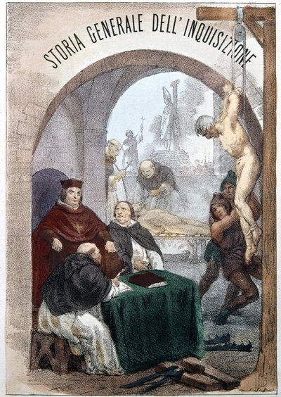 Frontispício da História Geral da Inquisição de Pietro Tamburini com uma ilustração que retrata cenas de inquisição simbólica. Milão 1850. de Unknown artist