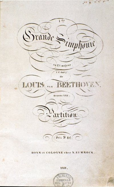 Frontispício da primeira edição alemã da partitura da Sinfonia n. 1 em C maior do compositor alemão Ludwig van Beethoven (1770-1827) (1799-1800). Bonn de Unknown artist