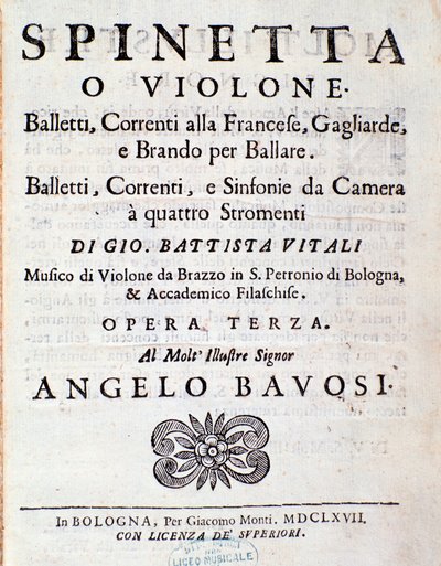 Frontispício da partitura musical do Balletti, correnti alla francese opus 3 de Giovanni Battista Vitali (litho) de Unknown artist
