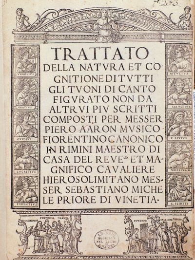 Frontispício ou página de rosto do Trattato della natura e Cognizione di tutti gli duoni di canto figurato de Pietro Aron de Unknown artist