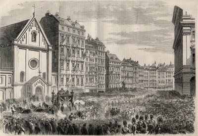 Funeral do Imperador Maximiliano I do México (1832-1867): chegada do cortejo fúnebre em frente à Igreja dos Capuchinhos de Viena. Gravura em "L