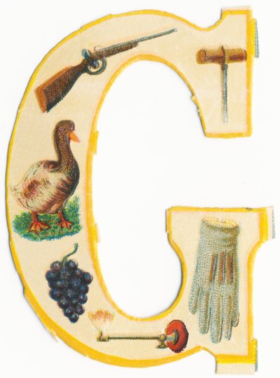 G: arma, verruma, ganso, uva, lâmpada a gás, luva (litografia de cor) de Unknown artist