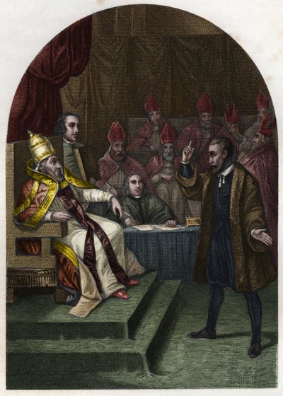 Galileia (ou Galileu Galilei (1564-1642) perante o Papa Urbano VIII em 1633. (Urbano 8 Maffeo Barberini) Gravura de 1842 no "Histoire des popes" de Maurice Lachatre. Coleção privada. de Unknown artist