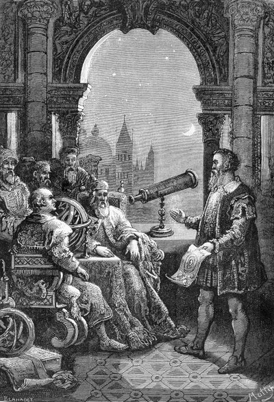 Galileo Galilei (Galileu) apresenta a primeira luneta astronómica no Doge de Veneza. de Unknown artist