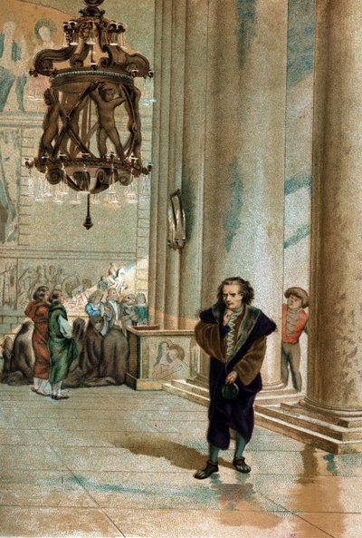 Galileo Galilei dit Galileo (1564 - 1642).observando a oscilação da lâmpada da Catedral de Pisa. de" La Ciencia y sus Hombres por Louis Figuier" Barcelona 1881 de Unknown artist