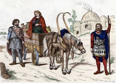 Habitação gálica, mulher, camponesa, carruagem, agricultor rico, arreios - em "Les Costumes civil et militaires des Français dans travers les siècles Paris F. Roy 1882". de Unknown artist