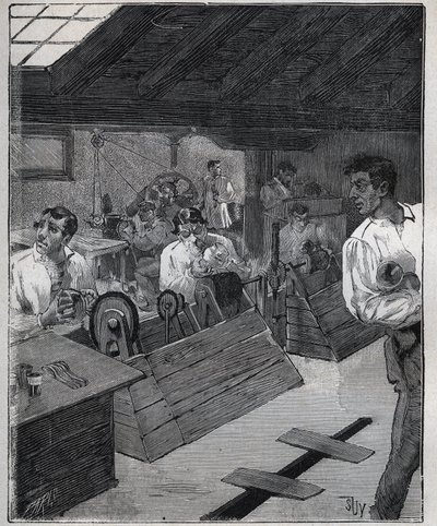 Douradura galvânica: raspador-boessage de jóias de ouro com raspador-boessage. Gravura de 1885 em "Les arts et metiers illustres" de Adolphe BITARD. de Unknown artist
