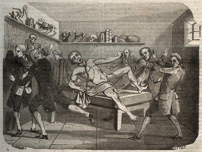 Galvanização do cadáver de um carrasco com a pilha de Alessandro (Alexandre) Volta: sob a influência da eletricidade, o cadáver parece voltar à vida. Gravura de 1856 em "Le Musee Des Sciences". de Unknown artist