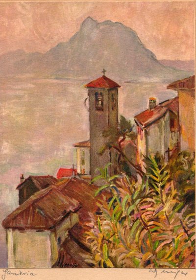 Gandria, Suíça, com o Monte San Salvatore e o Lago Lugano, postal de Fritz Meijer, c.1940 (litografia a cores) de Unknown artist