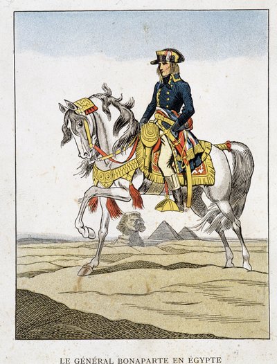 General Bonaparte no Egito, um retrato cavalgando em frente às pirâmides e à esfinge. de Unknown artist