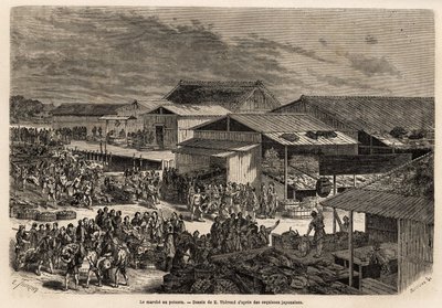 Vista geral do mercado do peixe, com o porto dos barquinhos das mercadorias, os barracos e as barracas de apresentação dos produtos, e o palco para venda às casas de leilão, com a animação animada que reúne o local: portfaix, sellers e m de Unknown artist