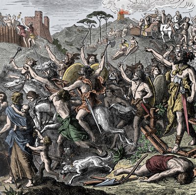 Os Vândalos de Genseric na Itália - Genseric (Geiseric, ca. 399-477) rei dos Vândalos e seu exército pilham a Itália, saco de Roma, 455 de Unknown artist