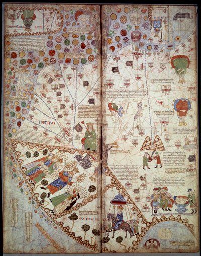 Mapa geográfico: China, Vale do Ganges, Sumatra, Ceylan. Atlas Catalão (mapa da Catalunha) (Espanha). Manuscrito de 1375 (Folio 2v - folio 3) por Abraham Cresques. BN, Paris. de Unknown artist