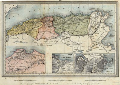 Mapa geográfico da Argélia e detalhes das províncias de Argel, Oran e Constantino, realizado por Amboise Tardieu de Unknown artist