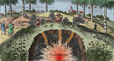 Geologia: cortar a casca da terra, explicando a saída do fogo da terra. Gravura de "Mundi Mirabilis Oeconomia" de Johann Zahn (1631-1707) de Unknown artist