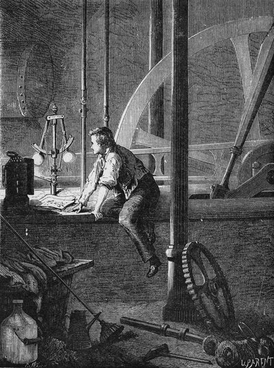 Georges Stephenson, um motorista em Newcastle, desmonta e repara o seu motor a vapor. In" Album de la Science", Éditions Jouvet de Unknown artist