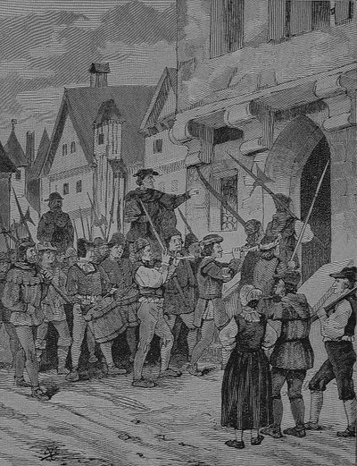 Guerra dos Camponeses Alemães (1524-1526): Orenbach, agricultores, Rotenburg, Baviera, Alemanha de Unknown artist