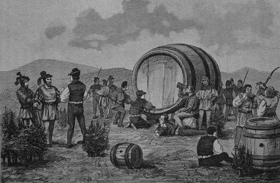 Guerra dos Camponeses Alemães (1524-1526): Os camponeses acampam nos zimbros com um grande barril de vinho de Unknown artist