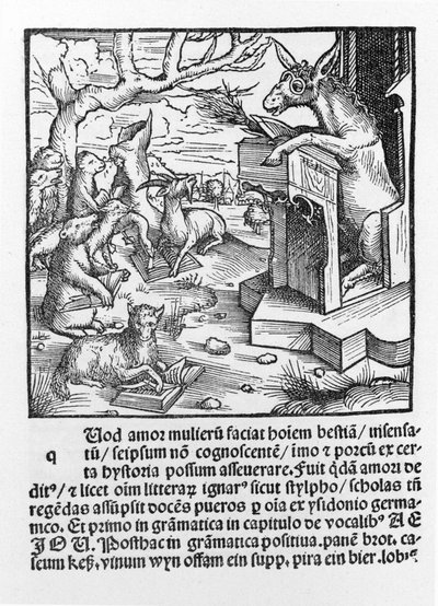 Incompreensível alemão representando um burro ensinando uma classe de animais da floresta. 1490. de Unknown artist